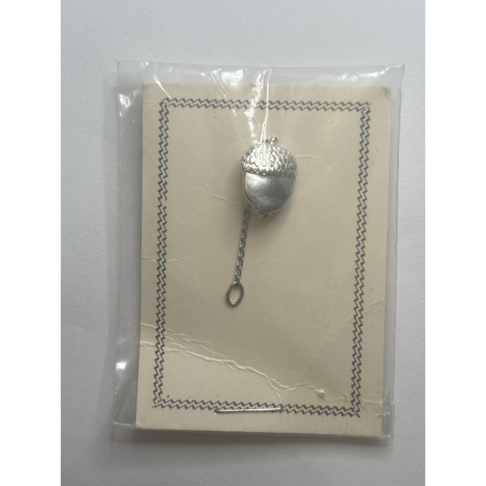 Vintage Acorn Tie Tack Pin Silver Tone Textured Woodland With Safety Chain
